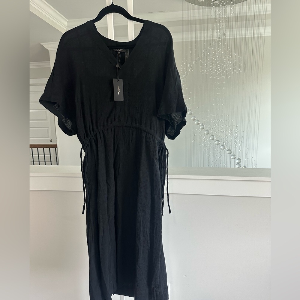 Rag And Bone Elegant Gathered Cotton Black Midi Dress - Picture 4 of 6